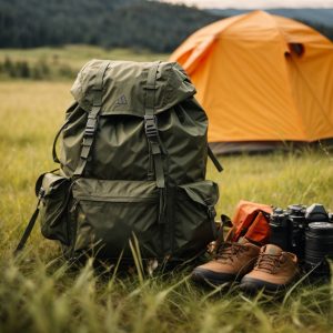 PhotoReal_A_backpack_and_a_trekking_tent_lie_on_the_grass_0